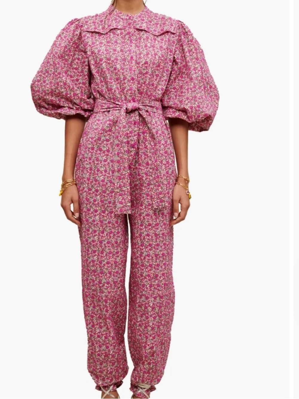 Pink Floral Puff-Sleeve Jumpsuit with Tie Waist